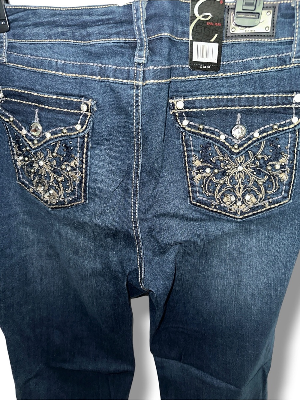 Earl Jeans 16 DK Blue Heavy Contrast Stitch Rhinestone Pockets Slim Bootcut Y2K